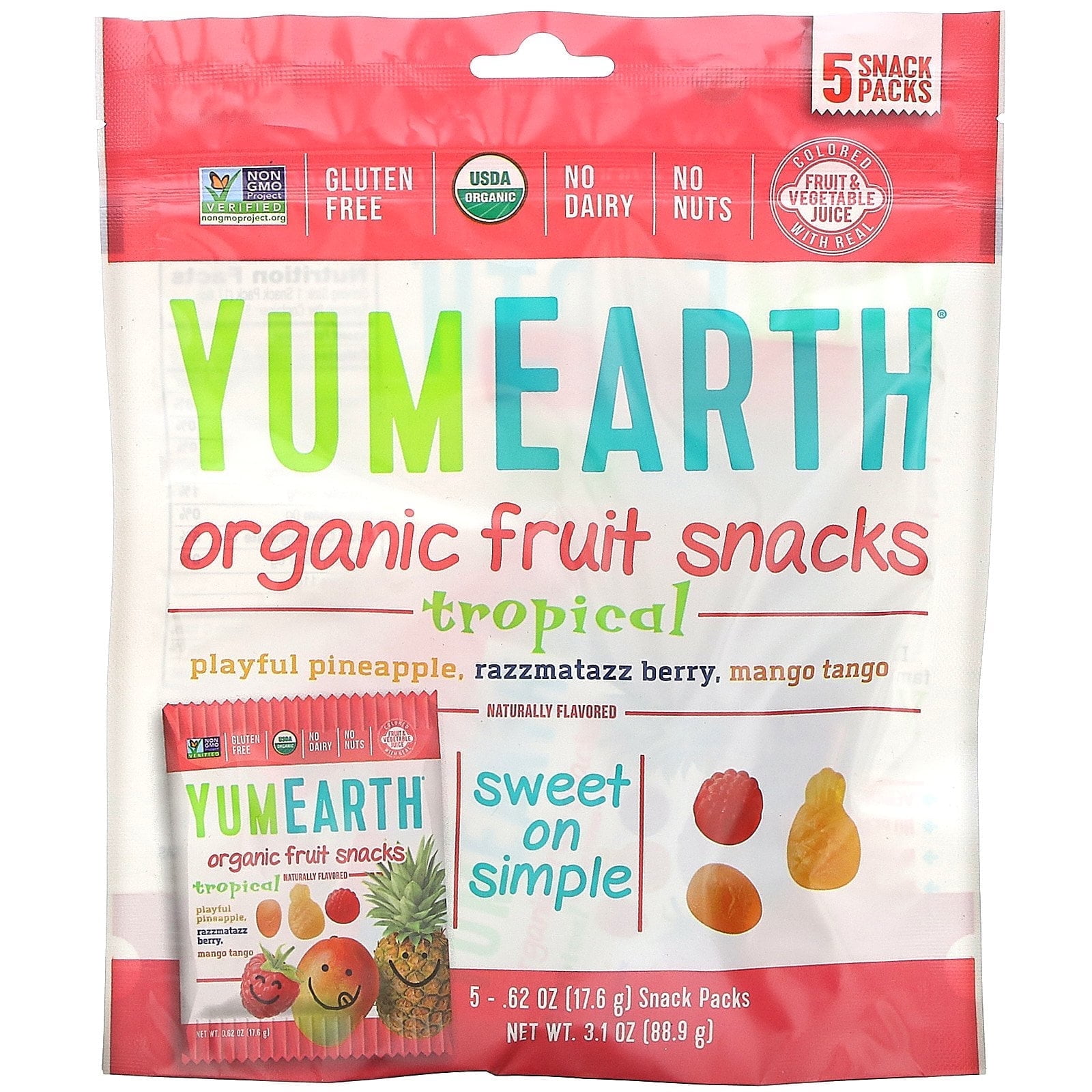 YumEarth Non-GMO Organic Fruit Snacks Tropical -- 5 PackPack of 2