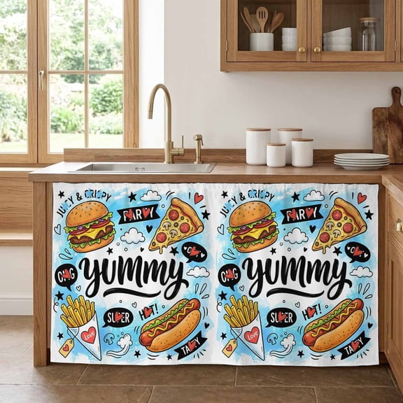 Yummy Food Cabinet Curtains for Kitchen 32"W x 55"L, Watercolor Cartoon Food Graffiti Gradient Blue Pantry Curtain Skirt Magic Tape Short Curtains Decor Privacy Panel for Utility Closet Bathroom