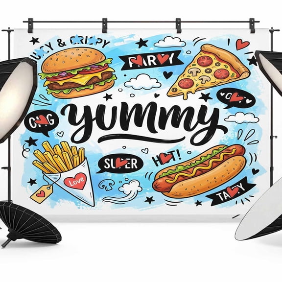 Yummy Food Photography Backdrop 7x5FT, Watercolor Cartoon Food Graffiti Gradient Blue Photo Backdrops, Background for Photography Studio Photo Studio Background, Back Drop for Photoshoot