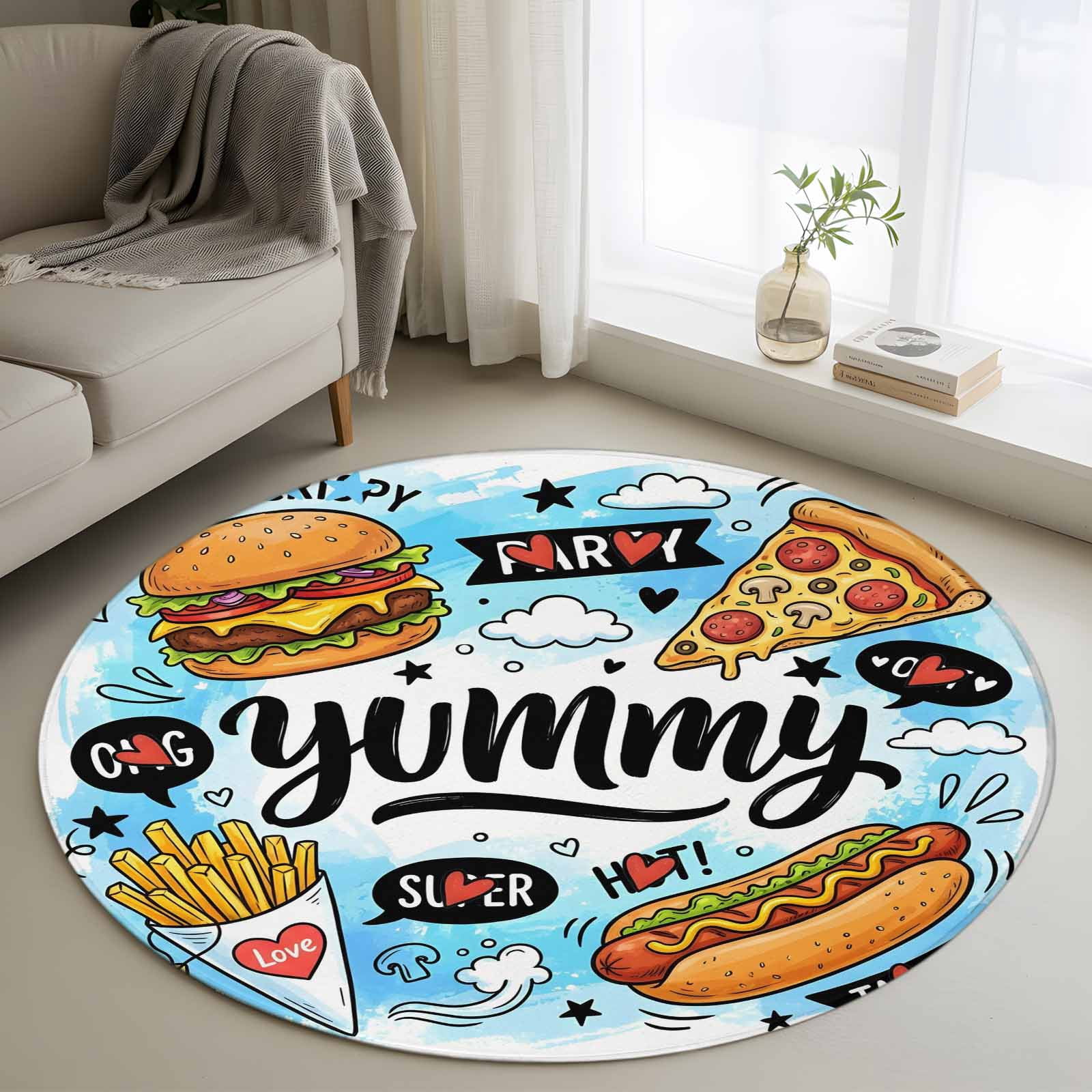 Food Shaped Rug Yummy Food Round Living Room Rugs 4 ft, Watercolor Cartoon Food ...