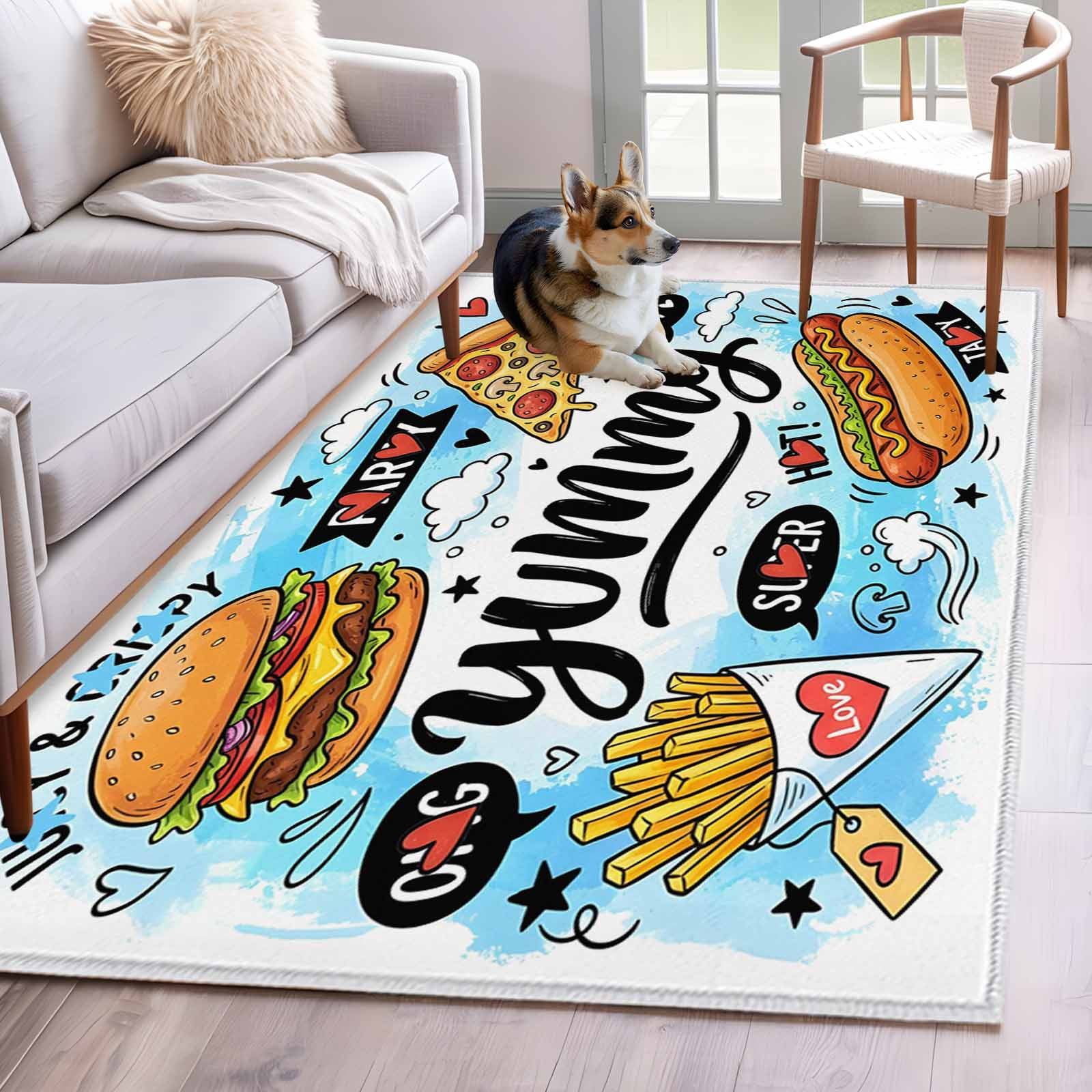 Yummy Food Washable Area Rugs 3'x5', Watercolor Cartoon Food Graffiti ...
