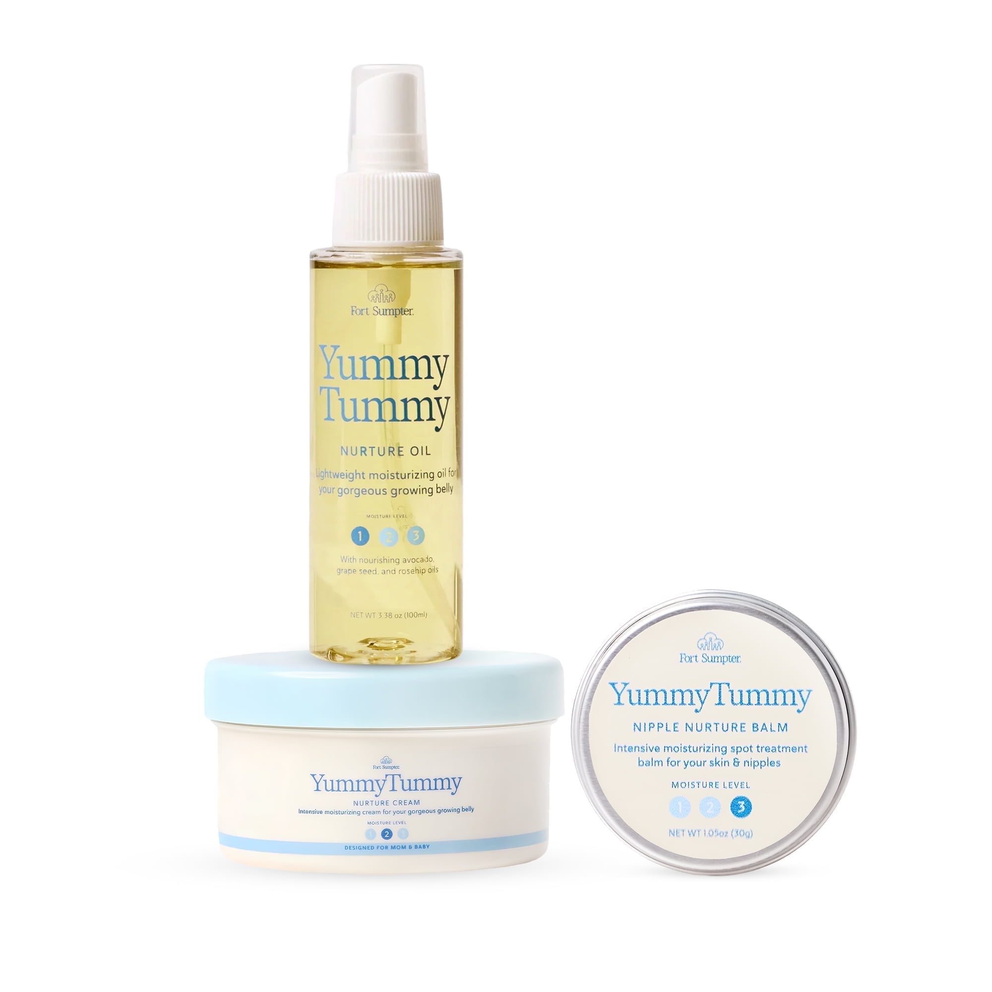 Walmart savings: Yummy Tummy by Fort Sumpter Full Ritual 3-Piece Pregnancy Postpartum Skincare Set Body Oil, Cream and Nipple Balm for Hydrated, Sensitive Skin 10.34 fl oz