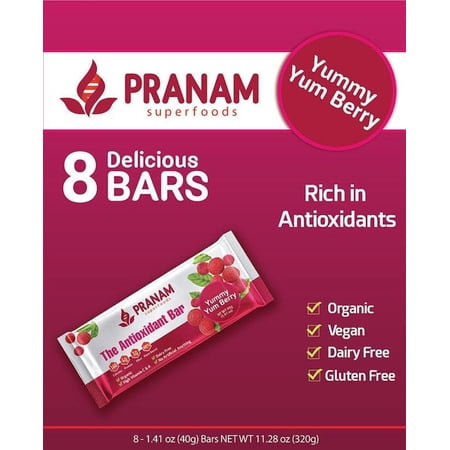 Pranam Bars Yummy Yum Berry Antioxidant Bars, Organic, Gluten Free, Dairy Free, 8 Count, 11.28 oz