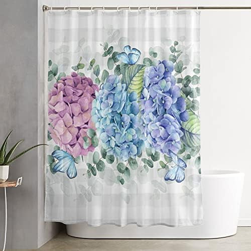 Yun Nist Bathroom Shower Curtain Summer Flowers Hydrangea Butterfly Plaid Eucalyptus Waterproof