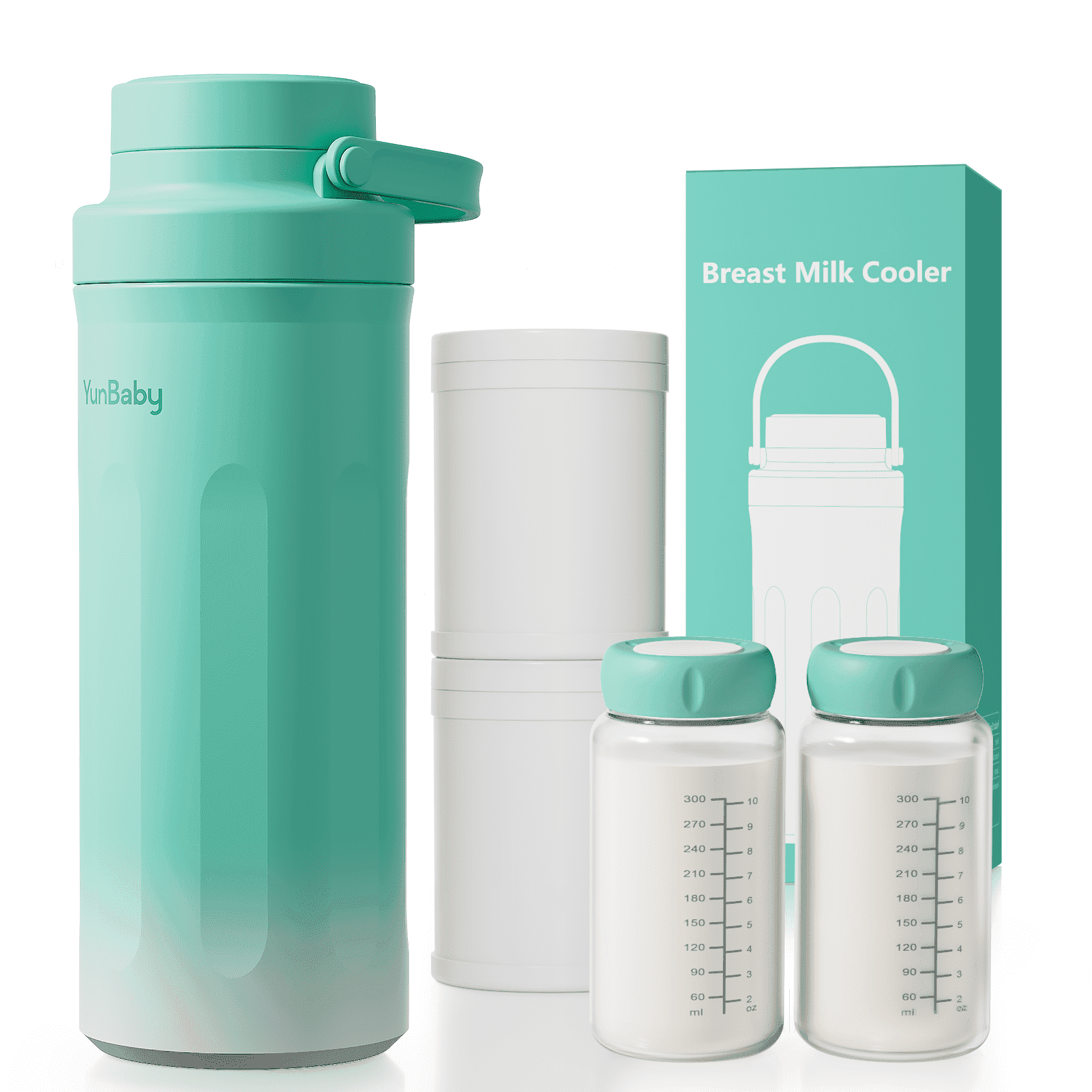 YunBaby 22oz Portable Breast Milk Cooler with Ice Pack, 30-Hour Cooling, Includes 2 Storage Bottles, Travel Essential, Green to White Gradient