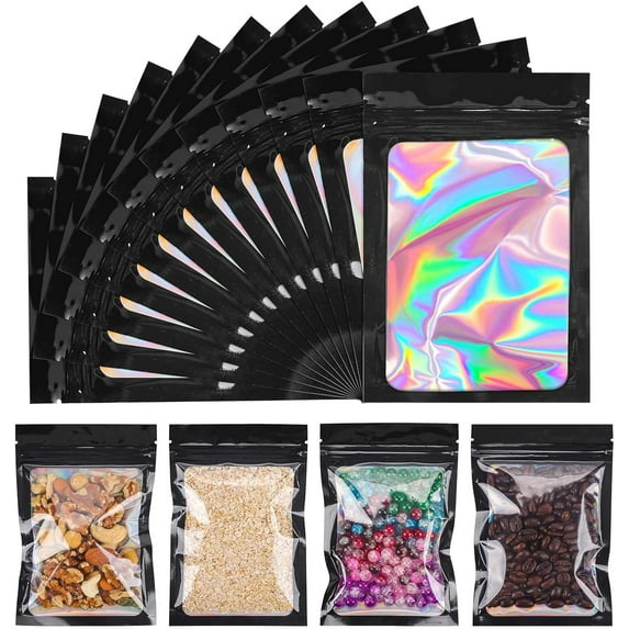 YunKo 100pcs Holographic Mylar Bags Smell Proof Resealable Packaging Bags for Small Business-Hangover Kit Bags Goodie Bags (Black,4x6INCH)