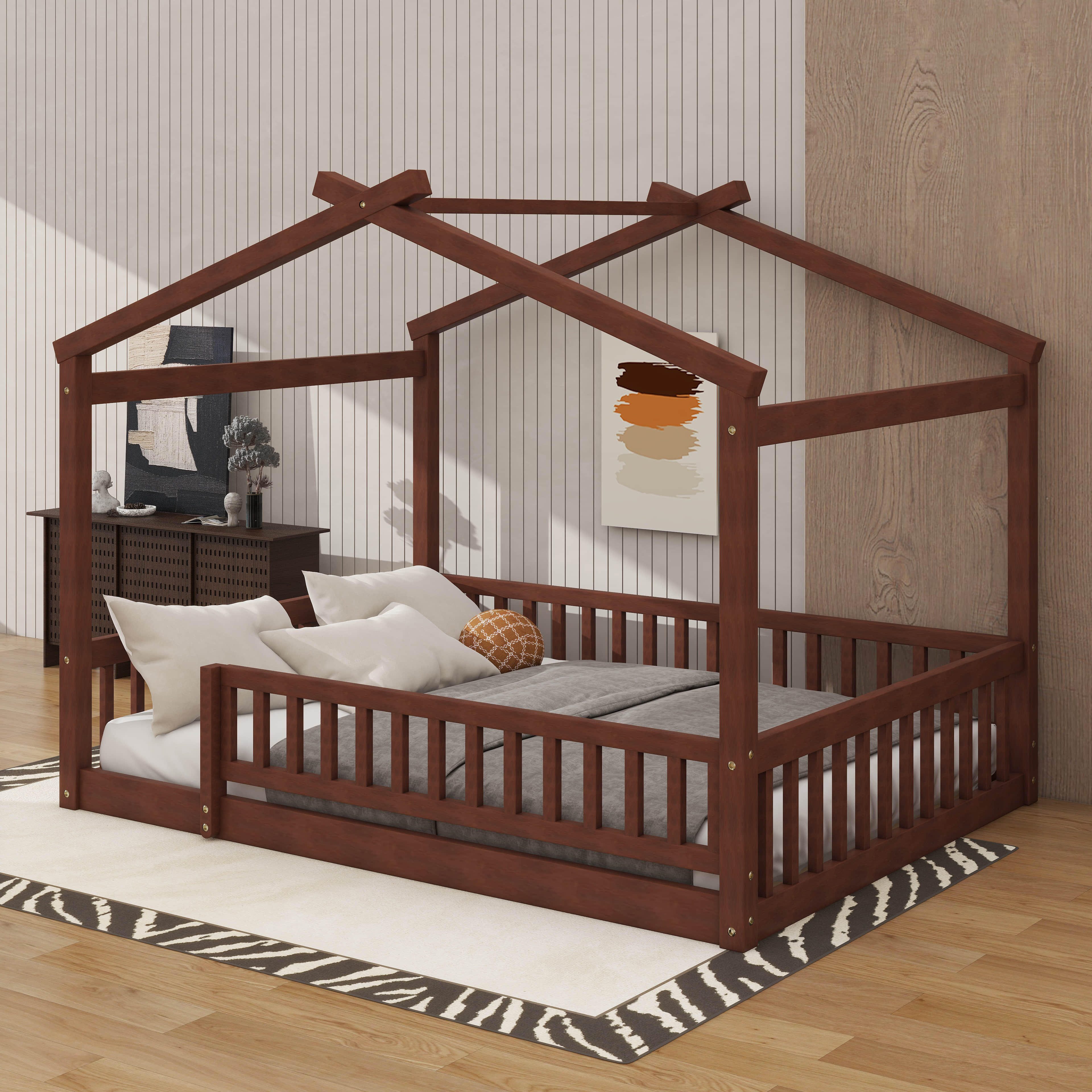 YunNianYang Full Size Walnut Wood Bed House Bed Frame with Fence for ...