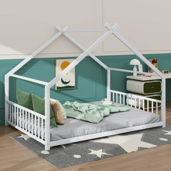 YunNianYang Full Size White Metal House Bed