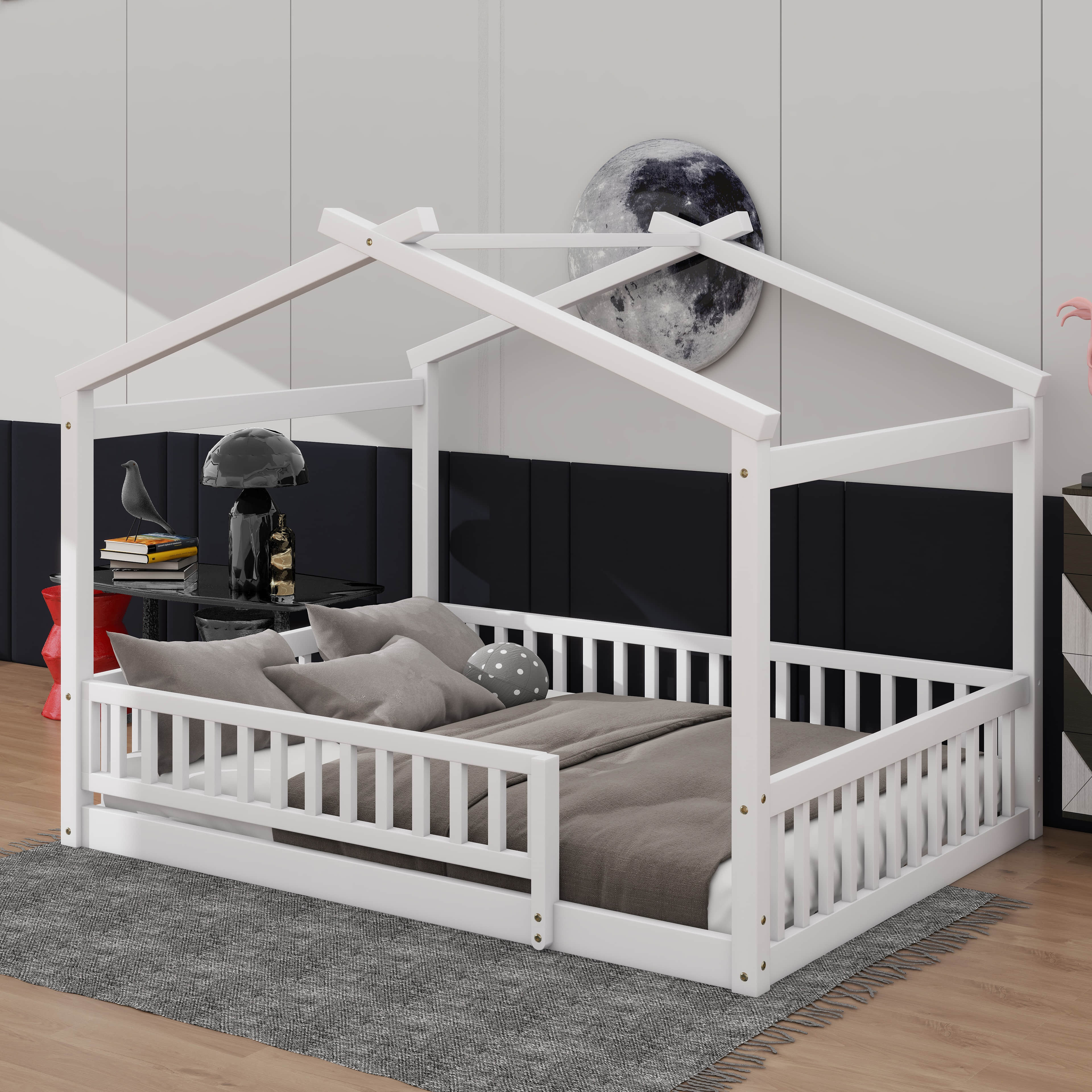 YunNianYang Full Size White Wood Bed House Bed Frame with Fence for ...