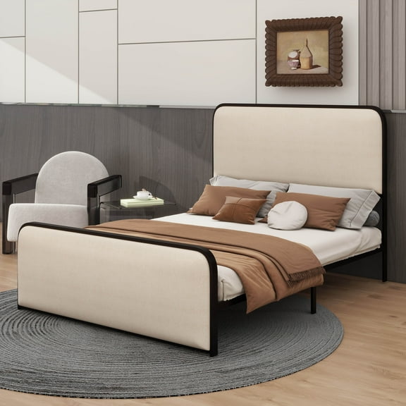 YunNianYang Modern Queen Size Beige Metal Bed Frame with Curved Upholstered Headboard and Footboard Bed with Under Bed Storage, Heavy Duty Metal Slats