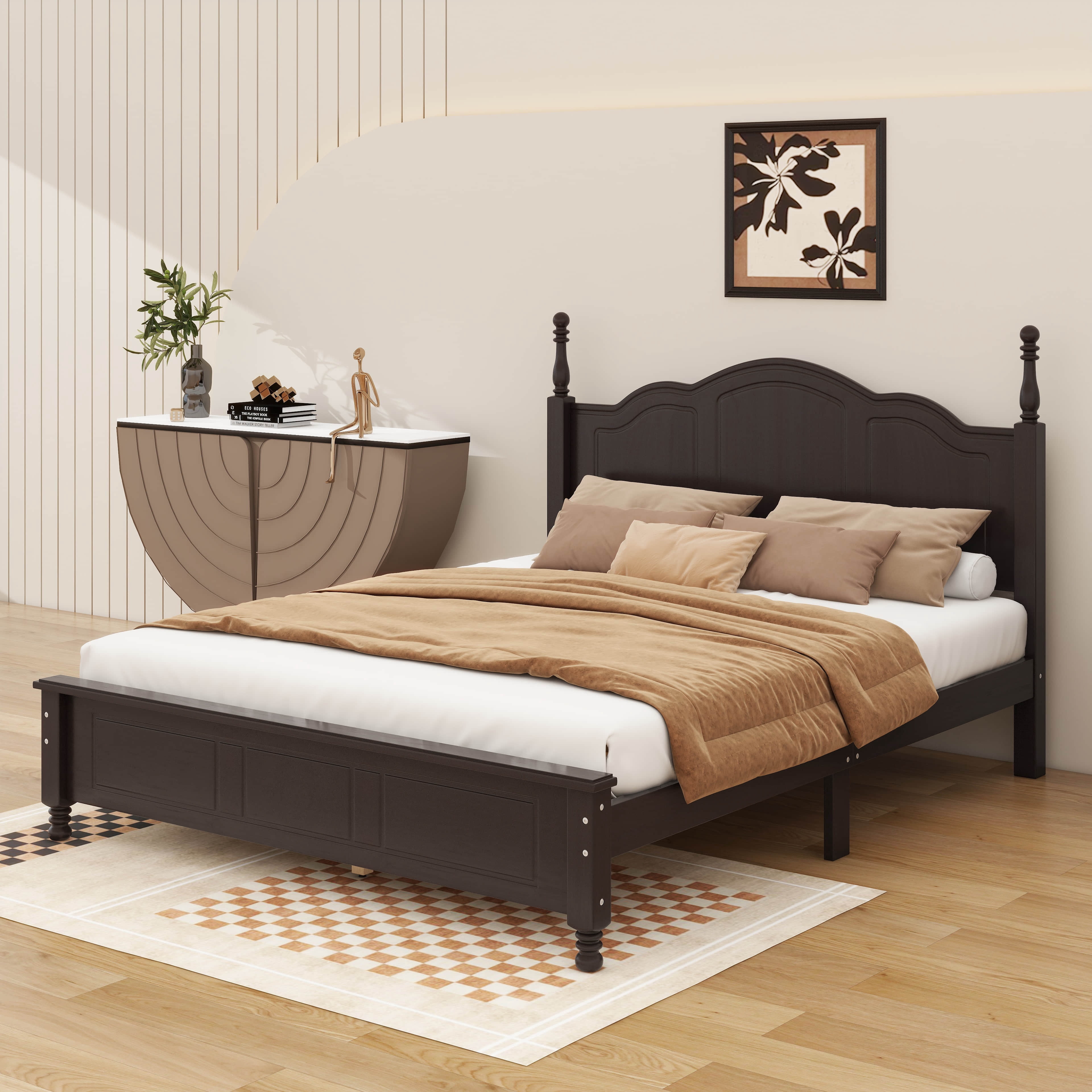 Platform Bed Walnut Back Rests YunNianYang Queen Size Dark Walnut Wood Platform Bed Frame,Retro Style ...