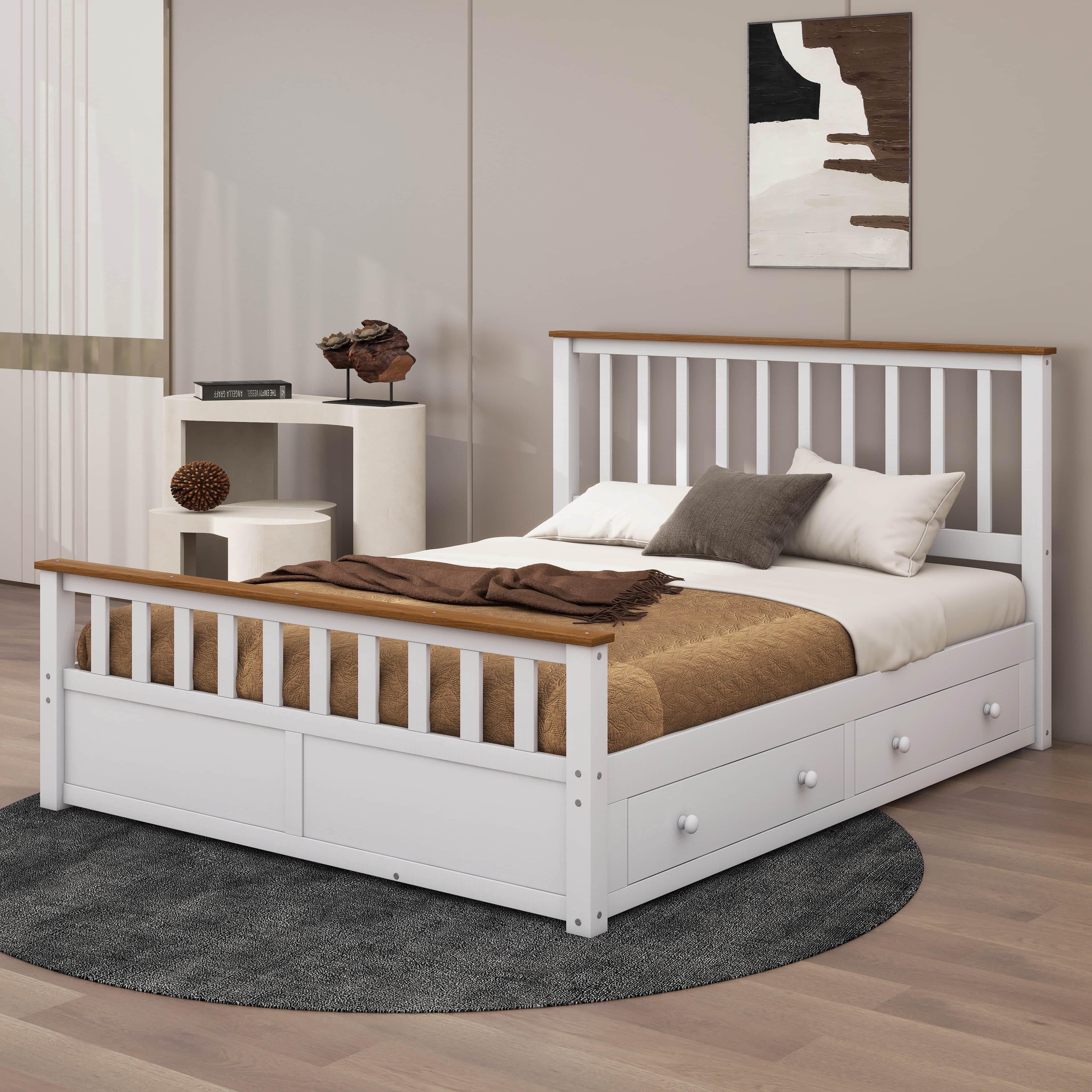 YunNianYang Queen Size White+walnut Wood Platform Bed with Two Drawers ...