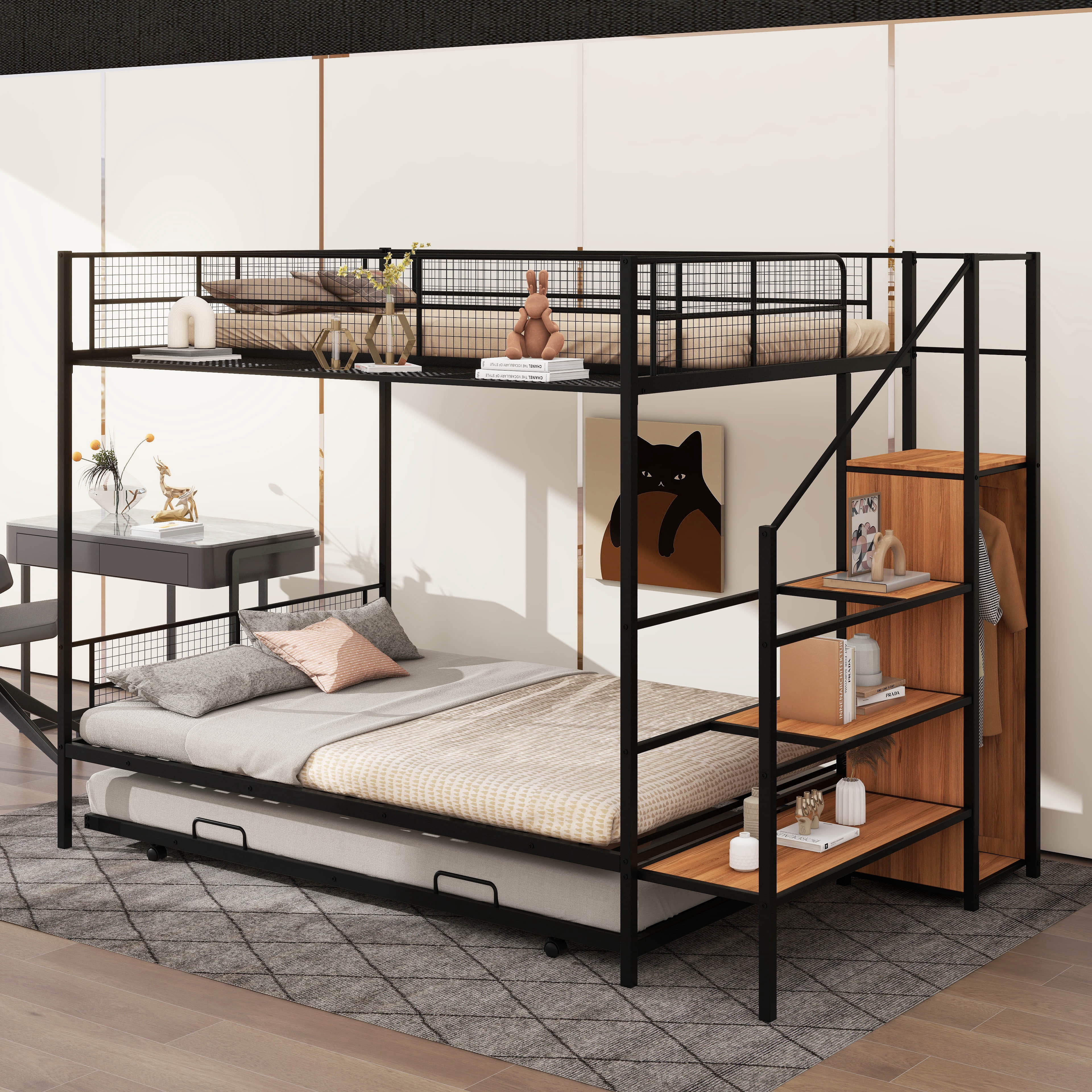 YunNianYang Twin Over Full Size Black Metal Bunk Bed with Trundle and ...