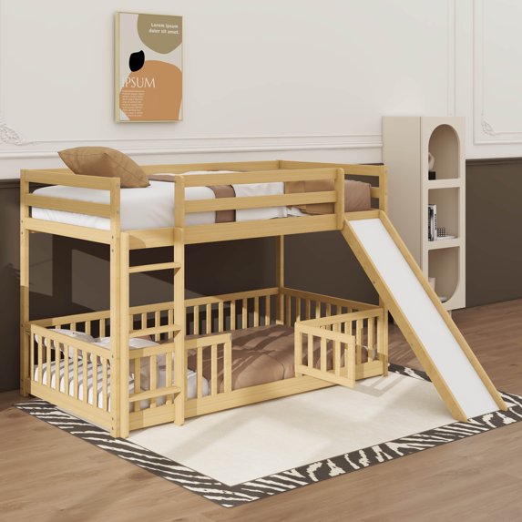 YunNianYang Twin Over Twin Floor Bunk Bed with Slide, Ladder, Door and ...