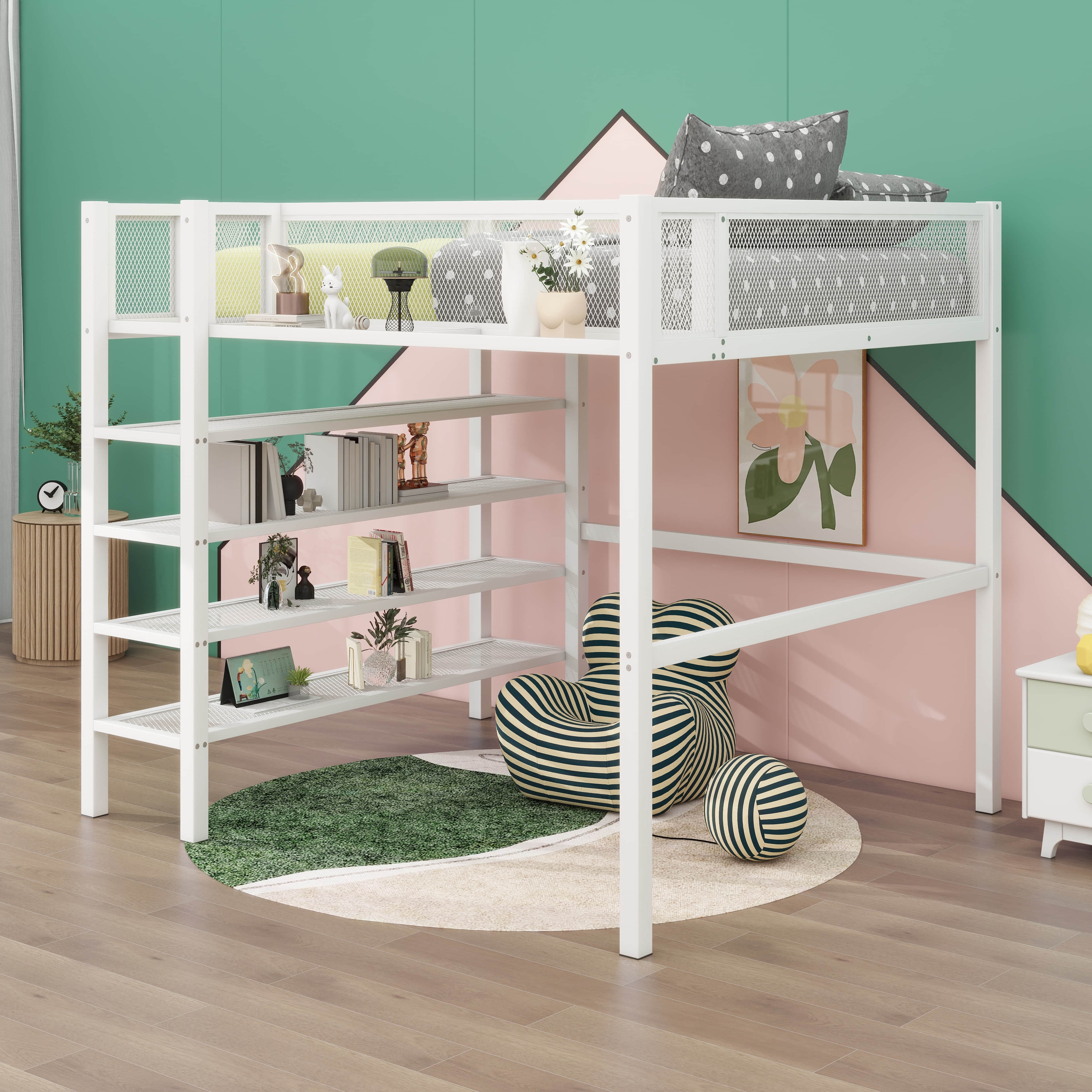 YunNianYang Twin Size White Metal Loft Bed with 4-Tier Shelves and ...