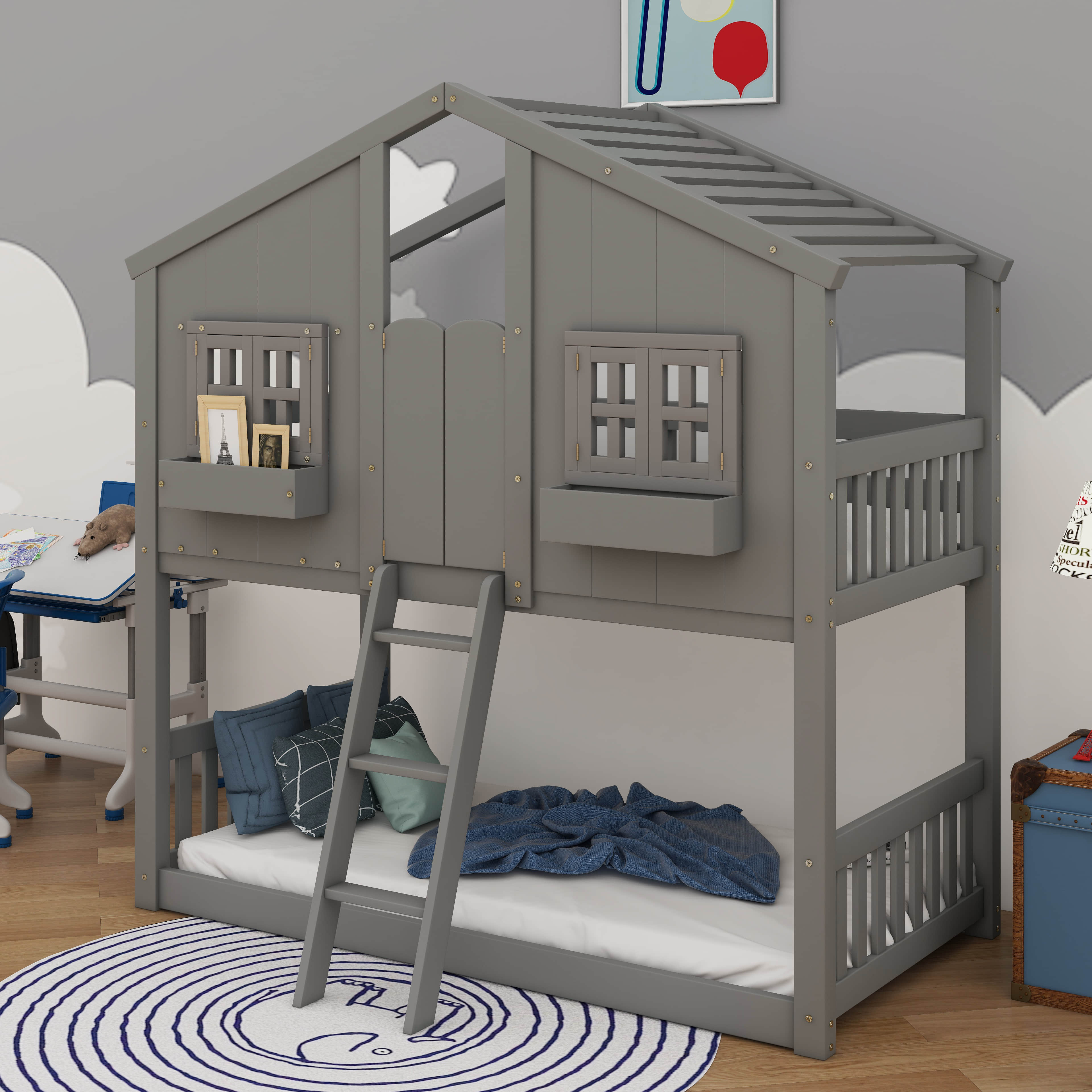 YunNianYang Twin over Twin Size House Bunk Bed with Roof, Window ...