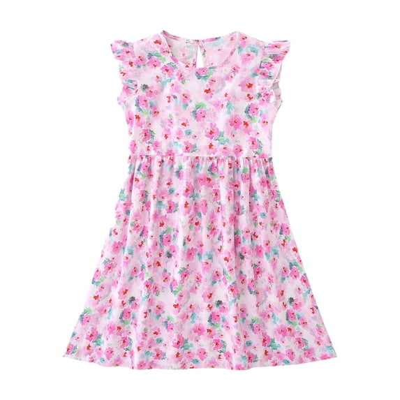 YunPes 2-14Y Girls Floral Dresses Ruffle Flutter Sleeve Knee Length Sundress Watercolor Flowers Maxi Dress Summer Fashion Vacation Outfits
