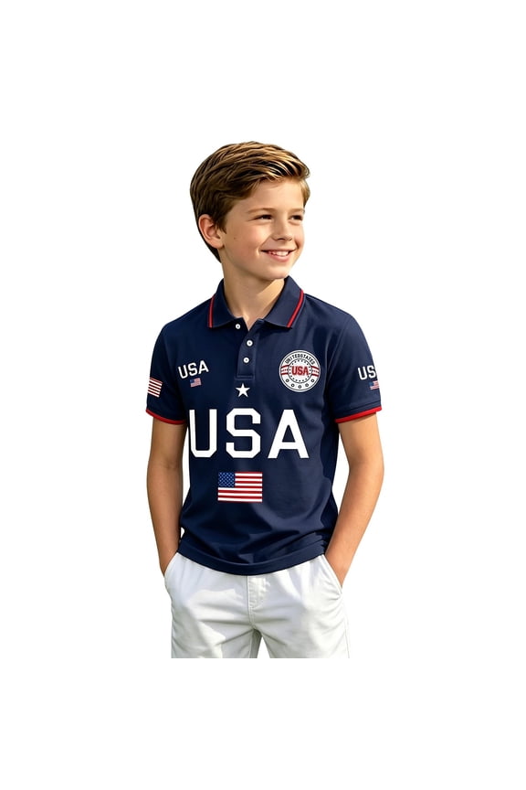250 Anniversary Polo Shirts fro Boys American Flag Patriotic Graphic Short Sleeve Tee Kids Summer Lapel Tops 4Th of July