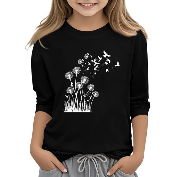 YunPes 3-13Y Tween Girls Solid Long Sleeve T-shirt Crew Neck Print Tees Spring Summer Soft Cotton Casual Basic Clothes