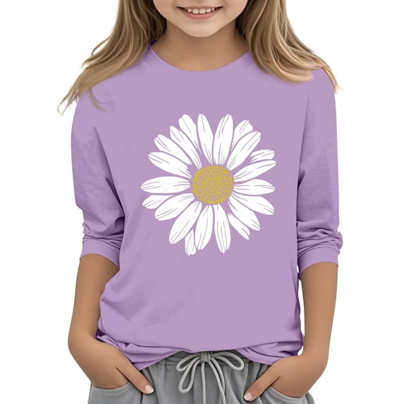 YunPes 3-13Y Tween Girls Solid Long Sleeve T-shirt Crew Neck Print Tees Spring Summer Soft Cotton Casual Basic Clothes