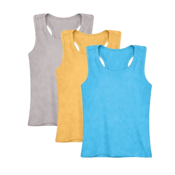 YunPes 3 Pack Girls Ribbed Tank Tops Crew Neck Sleeveless Shirts Kids Stretch Tight Summer Camisole Undershirts Racerback Tank Tops