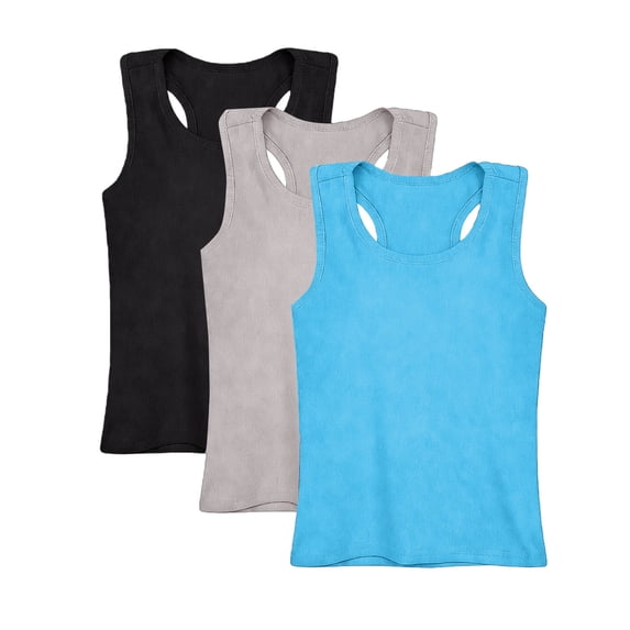 YunPes 3 Pack Girls Ribbed Tank Tops Crew Neck Sleeveless Shirts Kids Stretch Tight Summer Camisole Undershirts Racerback Tank Tops