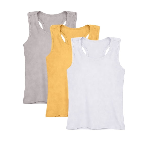 YunPes 3 Pack Girls Ribbed Tank Tops Crew Neck Sleeveless Shirts Kids Stretch Tight Summer Camisole Undershirts Racerback Tank Tops