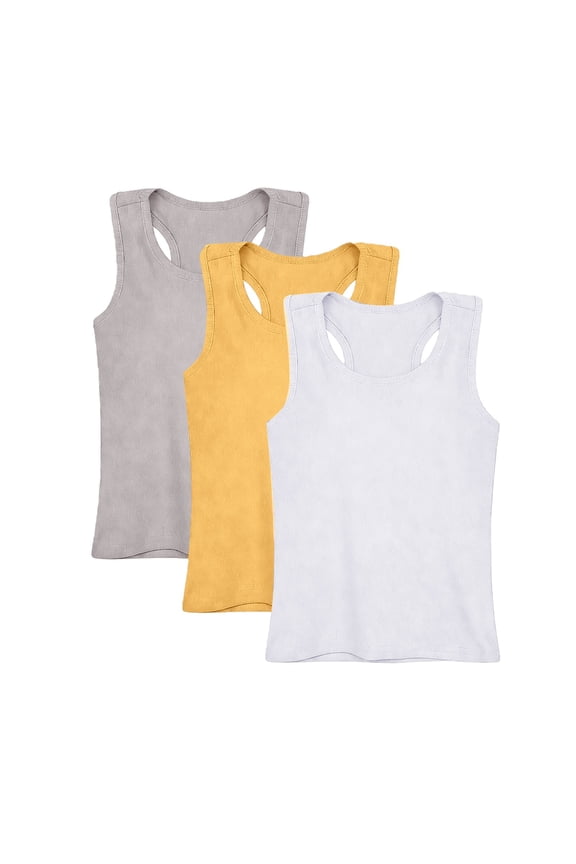 3 Pack Girls Ribbed Tank Tops Crew Neck Sleeveless Shirts Kids Stretch Tight Summer Camisole Undershirts Racerback Tank Tops