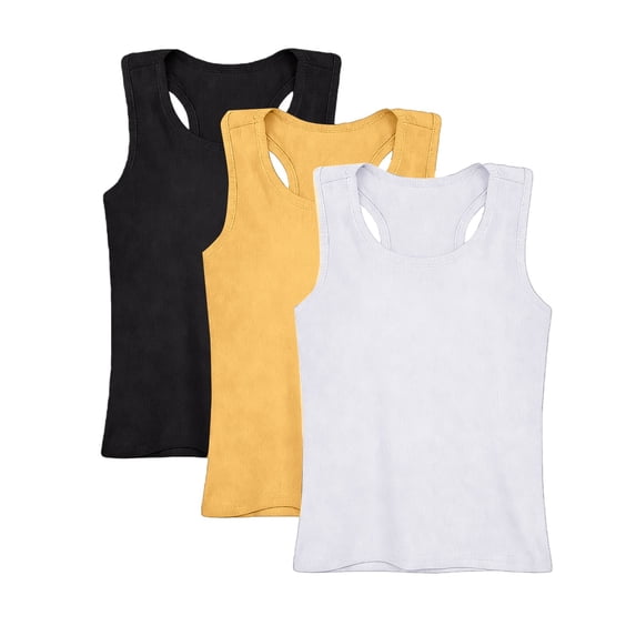 YunPes 3 Pack Girls Ribbed Tank Tops Crew Neck Sleeveless Shirts Kids Stretch Tight Summer Camisole Undershirts Racerback Tank Tops