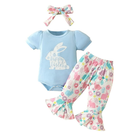 YunPes 3 Pcs Baby Girl Easter Romper Sets Cute Cartoon Bunny Egg Print Ruffle Short Sleeve Jumpsuit   Pant   Bowknot Headband Sets