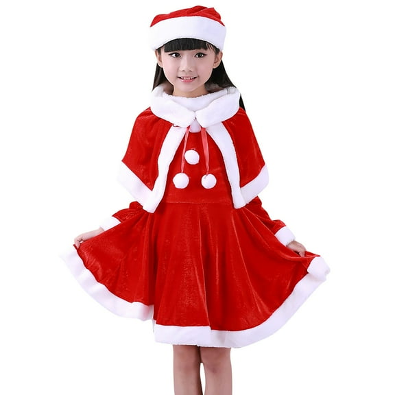 YunPes 3 Pieces Girls Santa Dress, Christmas Dress up Suit for Girl Kids Performance Velvet Dress Up with Belt Hat Xmas Outfit