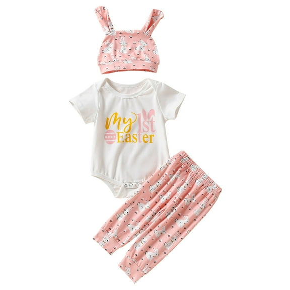 YunPes 3Pcs Toddler Easter Outfits Set Cute Cartoon Bunny Egg Print Short Sleeve Round Neck Romper   Elastic Soft Pant   Hat