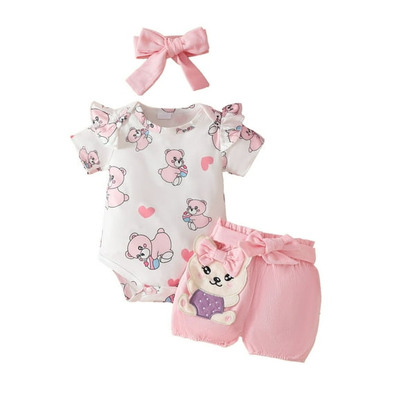 YunPes Baby Girls' Clothing Sets Short Sleeve Crew Neck Love Heart Stretching Shorts Bow Knot Headband Summer Clothing Sets