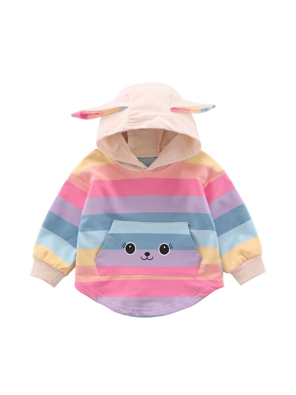 Baby Girls Cute Hoodies Rainbow Striped Ear Hood Sweatshirts Spring Fall Infant Toddler Fashion Pullovers with Kangaroo Pocket