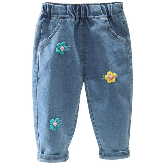 YunPes Baby Girls Denim Jeans Comfort Stretch Trouser with Cute Flower Print Bell Bottom Stretchy Pants Girls Casual Pants