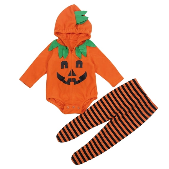 YunPes Baby Girls Pumpkin Bodysuit Set Long Sleeve Hooded Romper with Striped Pants Infants Newborn Halloween Cute Matching Sets Family Photos