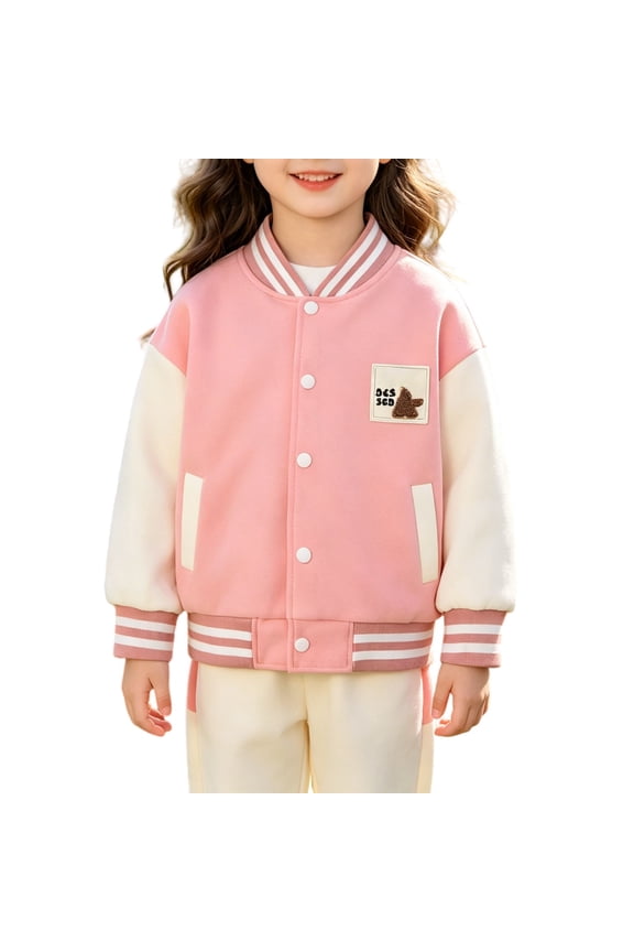Back to School Varsity Jacket for Girls Contrast Sleeve Fashion Applique Baseball Jacket Kids Fall Cute Campus Outerwear