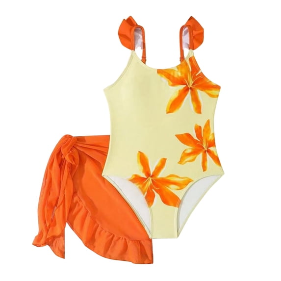 YunPes Bathing Suits for Girls 2 Piece Swimsuit Cute Floral Graphic Bathing Suits with Cover up Skirt Teen Adjustable Swimwear Set