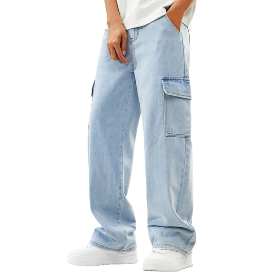 YunPes Boy's Cargo Jeans Straight Leg Zipper Fly Casual Denim Pants Trousers with Pockets Teen Y2K Hip Hop Streetwear Denim Jeans