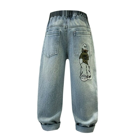 YunPes Boys Baggy Jeans Y2K Pants with Cartoon Embroidery Teen Fashion Loose Fit Casual Pants Elastic Waist Washed Distressed Jeans