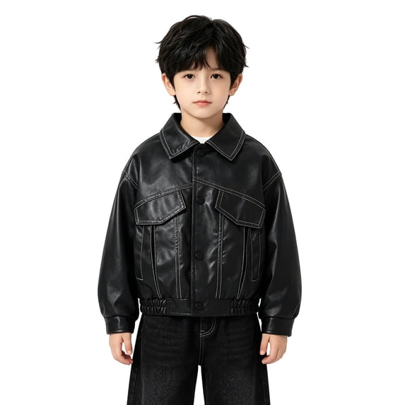 YunPes Boys Faux Leather Jacket Smocked Hem Trendy Cropped Moto Coat Button-Up Baggy Leather Tops Toddler Vintage Streetwear