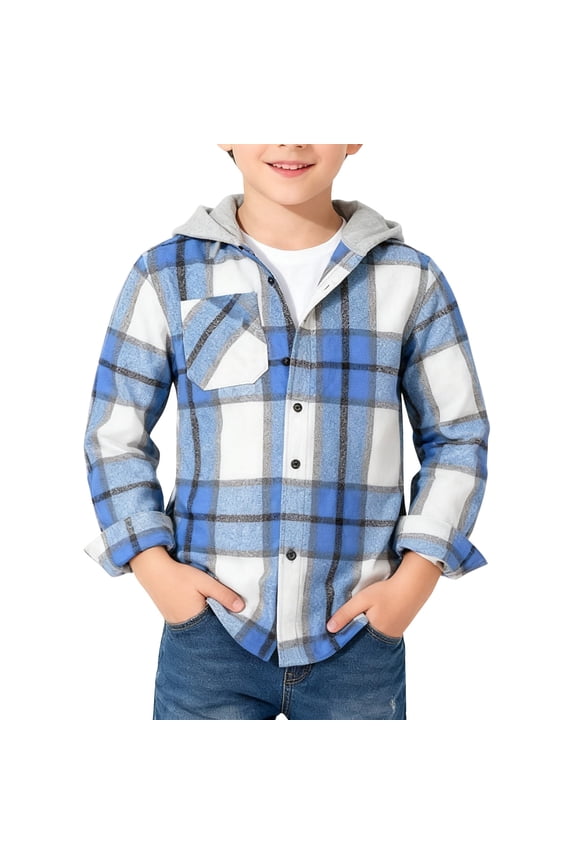 Boys Flannel Buffalo Plaid Hooded Jacket Button Down Oversized Cotton Coat Fall Winter Warm Christmas Outwear