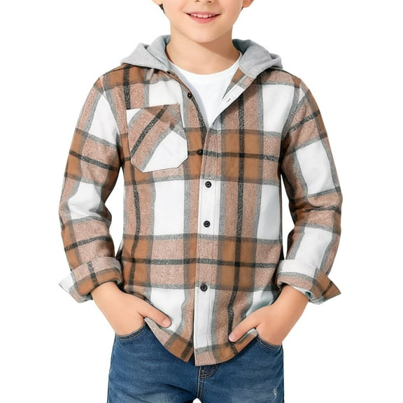 YunPes Boys Flannel Buffalo Plaid Hooded Jacket Button Down Oversized Cotton Coat Fall Winter Warm Christmas Outwear
