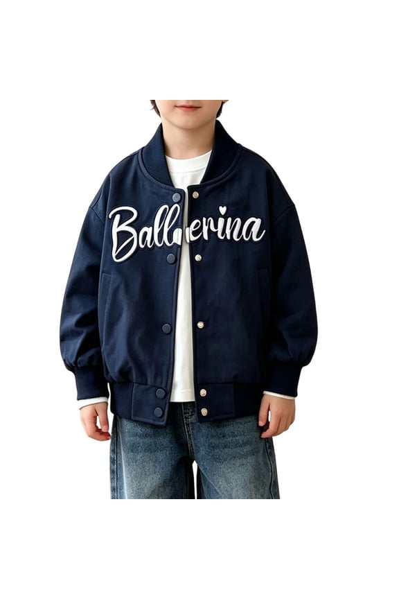 Boys Girls Baseball Jacket Button Closure Stand Collar Varsity Jacket Fashion Letter Print Fall Layering Bomber Jacket