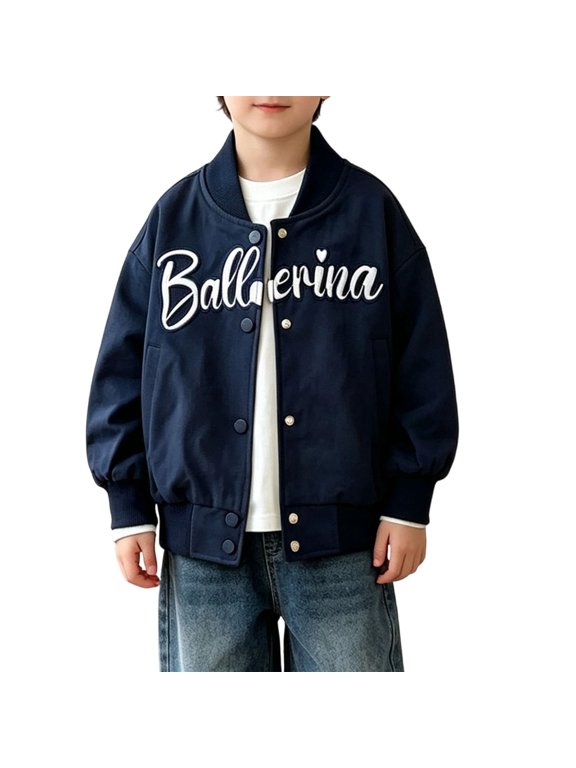 Boys Girls Baseball Jacket Button Closure Stand Collar Varsity Jacket Fashion Letter Print Fall Layering Bomber Jacket