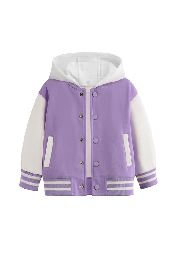 Boys & Girls Hooded Varsity Jacket Color Block Button Down Baseball Jackets Striped Rib Trim Kids Casual School Bomber Coat
