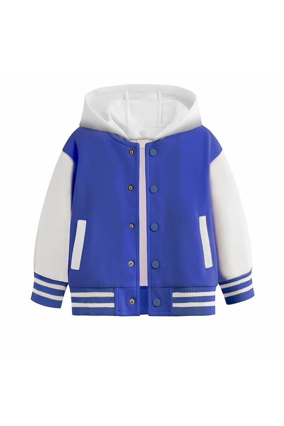 Boys & Girls Hooded Varsity Jacket Color Block Button Down Baseball Jackets Striped Rib Trim Kids Casual School Bomber Coat