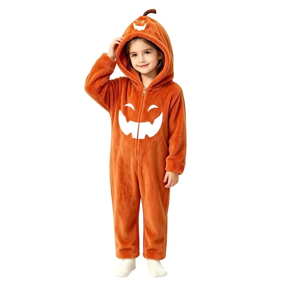 YunPes Boys Girls Onesie Halloween Funny Pumpkin Dress-Up Wear Zipper Hooded Jumpsuit Kids Fall Winter Warm Plush One Piece Clothes
