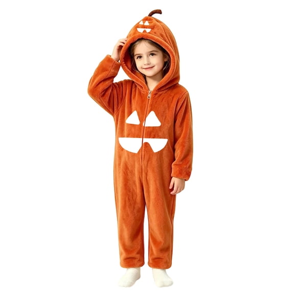 YunPes Boys Girls Onesie Halloween Funny Pumpkin Dress-Up Wear Zipper Hooded Jumpsuit Kids Fall Winter Warm Plush One Piece Clothes