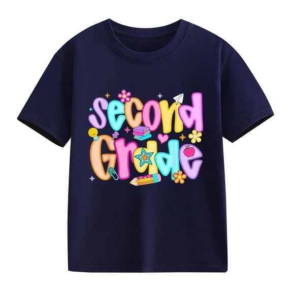 YunPes Boys & Girls Second Grade Graphic Print T-shirt Fashion Versatile Short Sleeve Tees Kids Back To School Casual Daily Tops